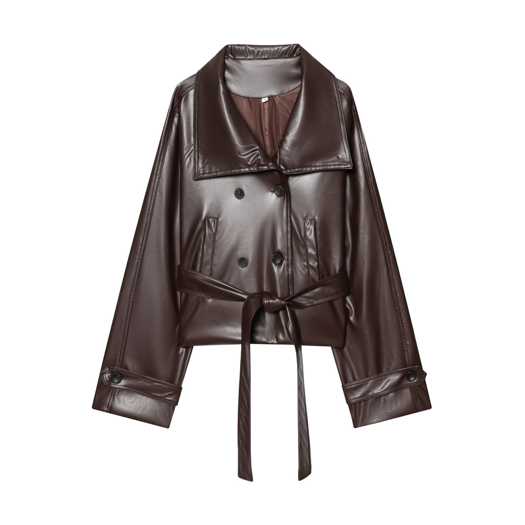 Women's Short Cut Faux Leather Trench Coat with Oversized Lapels, Double-Breasted Button Placket and Tied Belt Mune Fashion