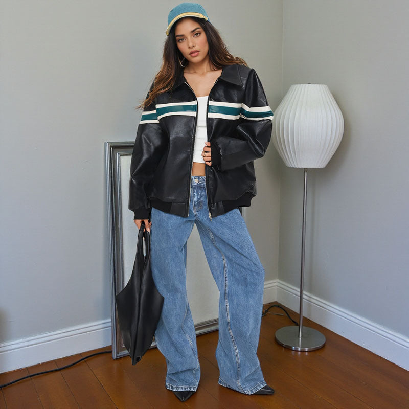 Women's Faux Leather Bomber Jacket with Retro Stripes and Full Zip Mune Fashion