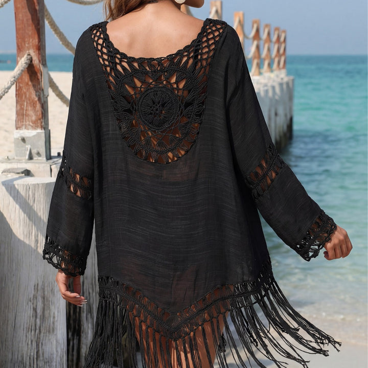Women, elegant beach cover-up with crocheted pattern and tassels Mune Fashion