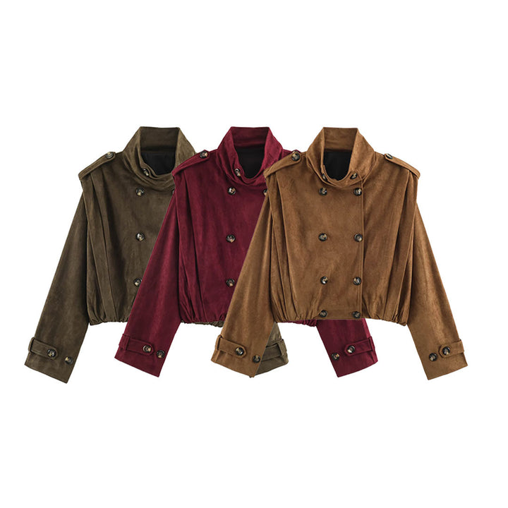 Women's Short-Cut Double-Breasted Suede-Look Bomber with Stand-Up Collar and Shoulder Patches Mune Fashion