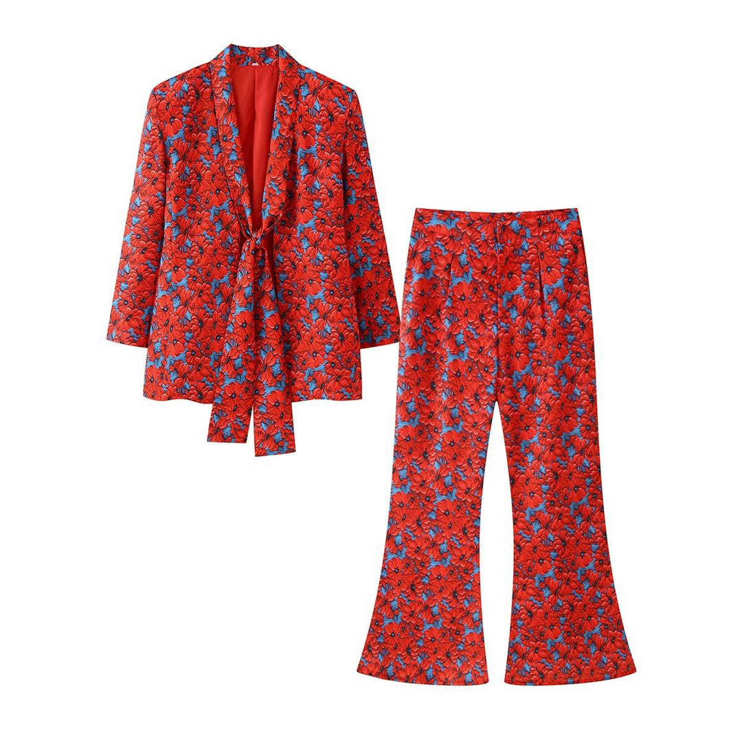 Ladies Two-Piece Floral Jacquard Blazer and Flared Pants Set Mune Fashion