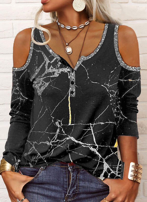Women's Off-Shoulder Long Sleeve Henley Top with Marble Print and Sequin Trim Mune Fashion