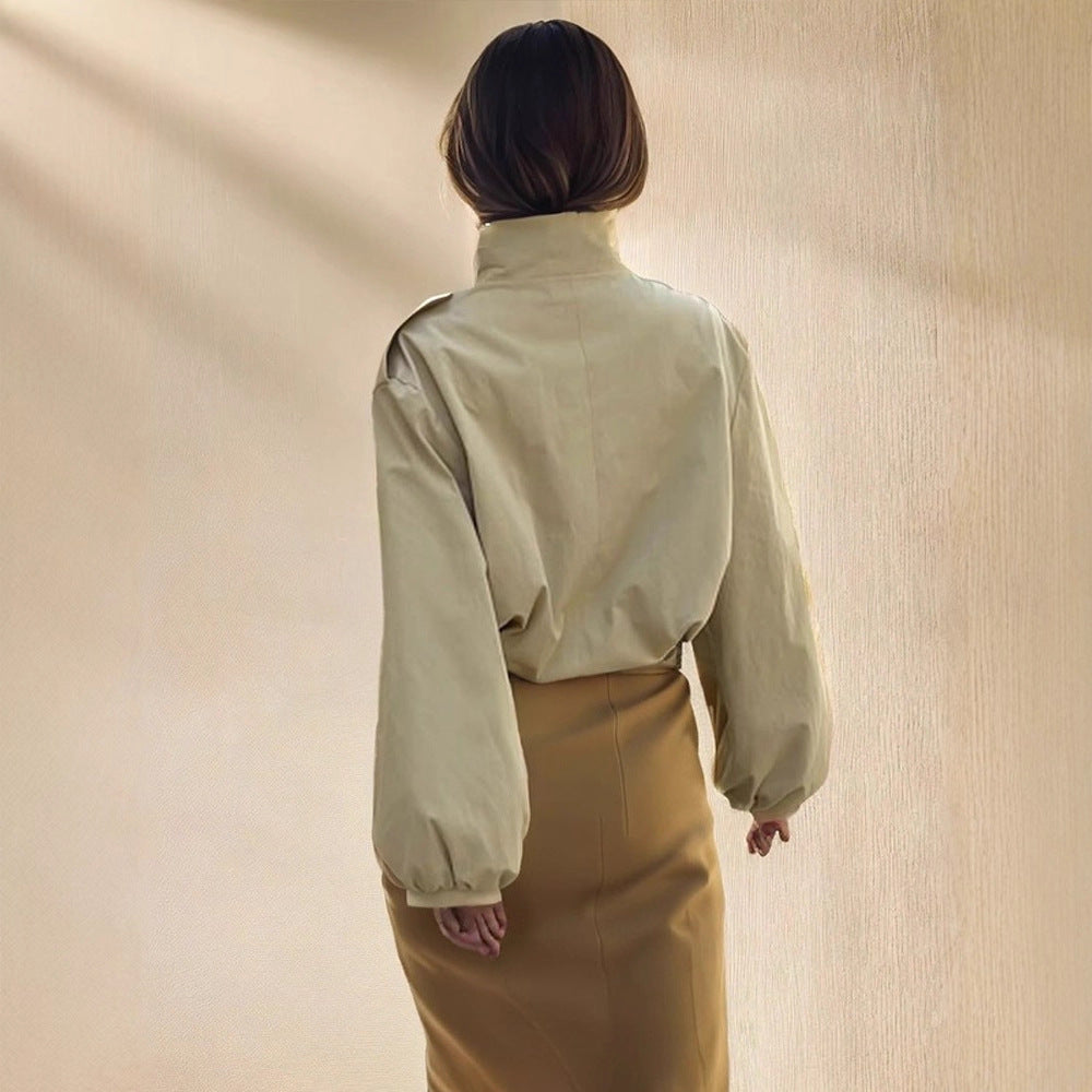 Women's Short Blouse-Trench with Stand-up Collar, Shoulder Patches and Balloon Sleeves Mune Fashion