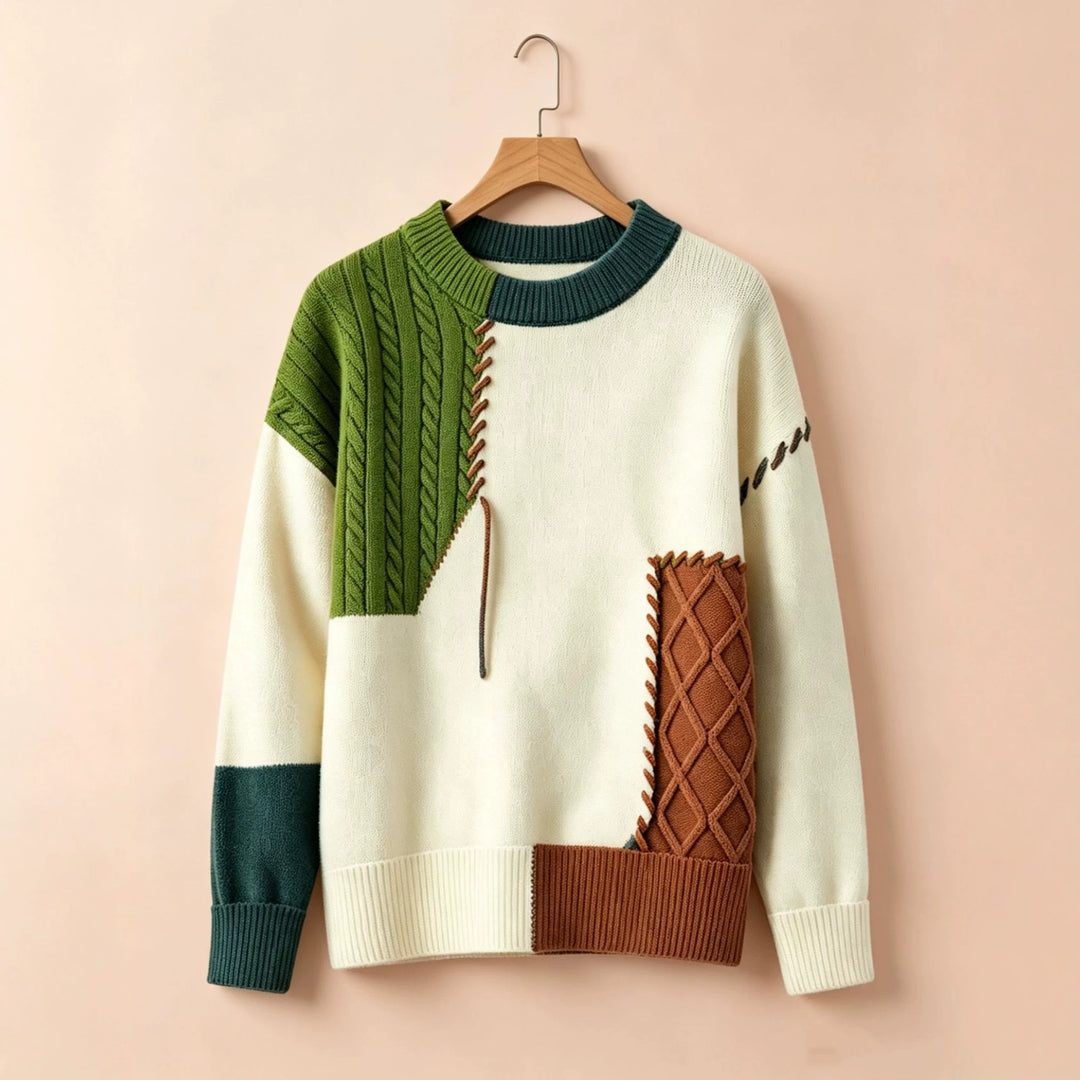 Women Oversize Knit Sweater in Patchwork Design with Cable Knit Inserts Mune Fashion