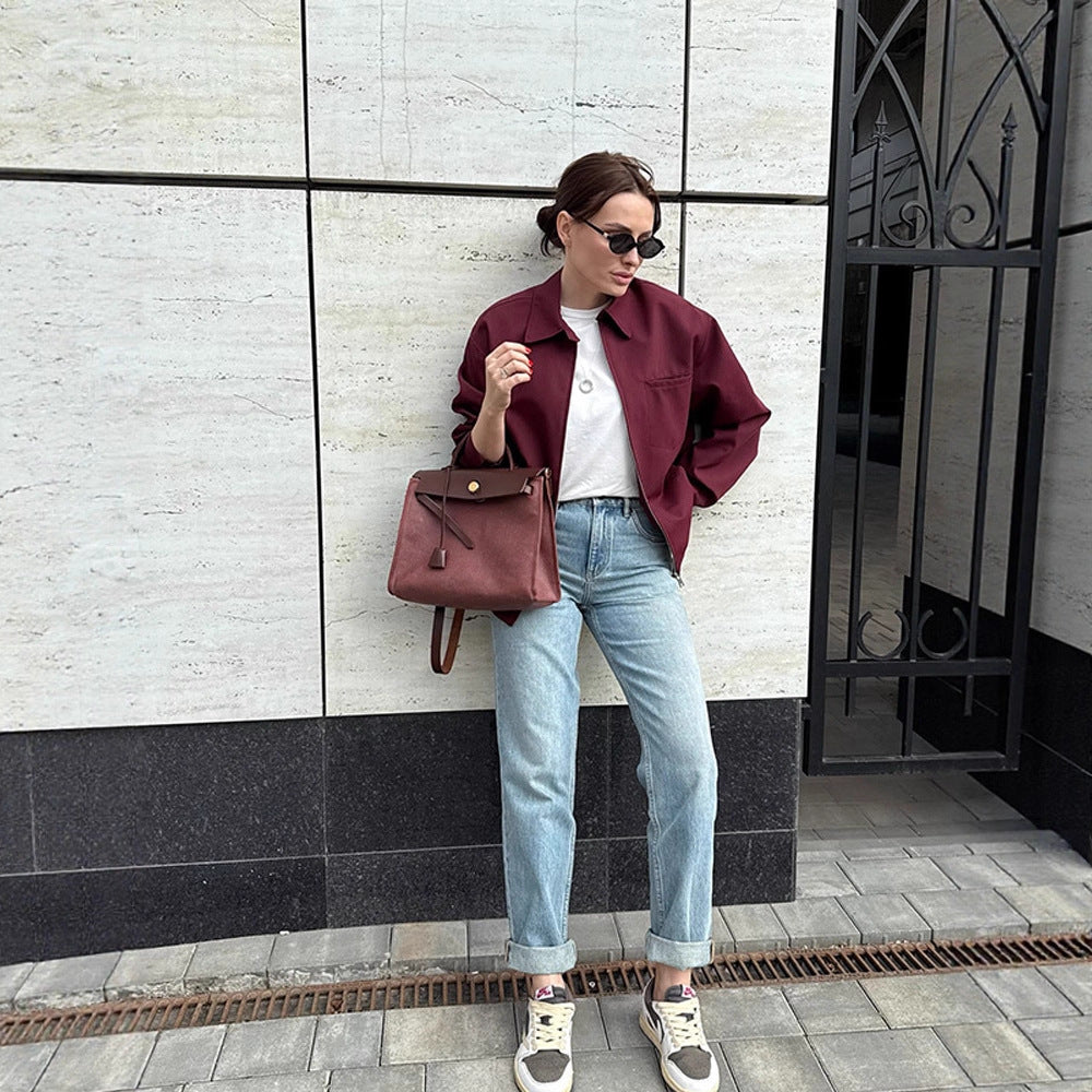 Women's lightweight twill transition jacket with shirt collar, concealed zipper, and boxy silhouette Mune Fashion