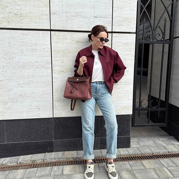 Women's lightweight twill transition jacket with shirt collar, concealed zipper, and boxy silhouette Mune Fashion