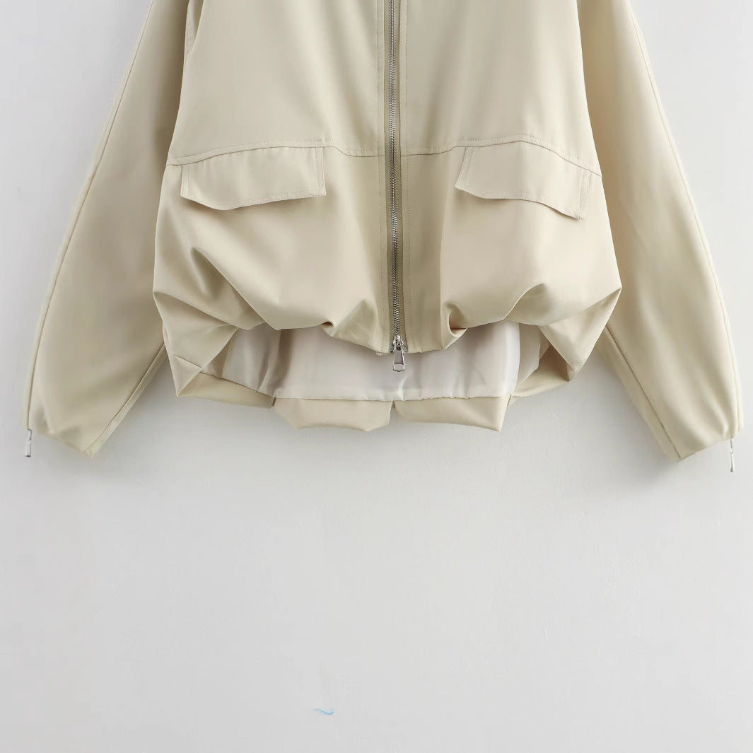 Women Lightweight Cropped Bomber Jacket with Round Neck, Two-Way Zipper and Flap Pockets Mune Fashion