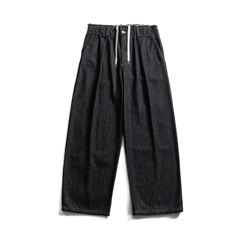 Unisex Wide Denim Pants with Elastic Waistband, Drawstring and Pleated Mune Fashion