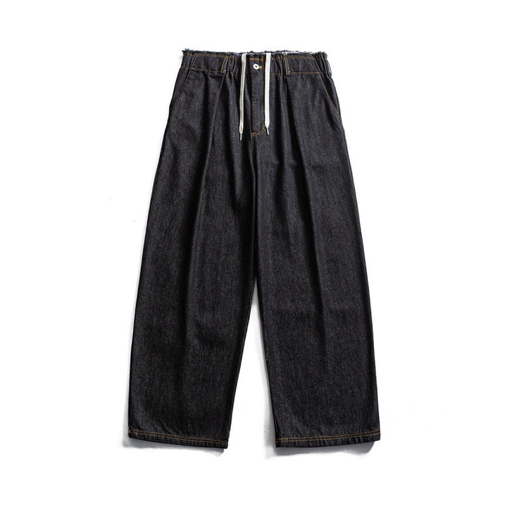 Unisex Wide Denim Pants with Elastic Waistband, Drawstring and Pleated Mune Fashion