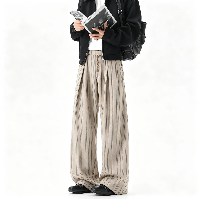 Men's Wide Pinstripe Pants in Baggy Cut with High Waist, Pleats and Decorative Button Placket Mune Fashion