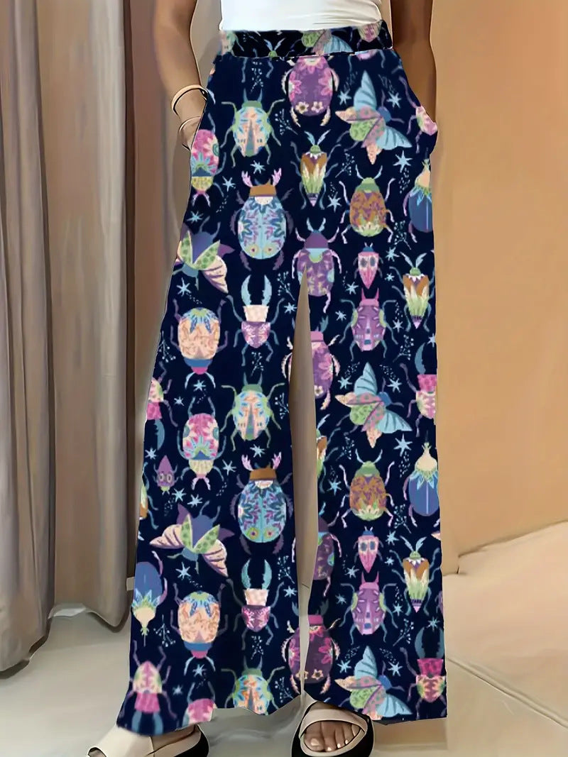 Women's Wide Palazzo Pants with Elastic Waistband and Eye-catching Beetle Print Mune Fashion