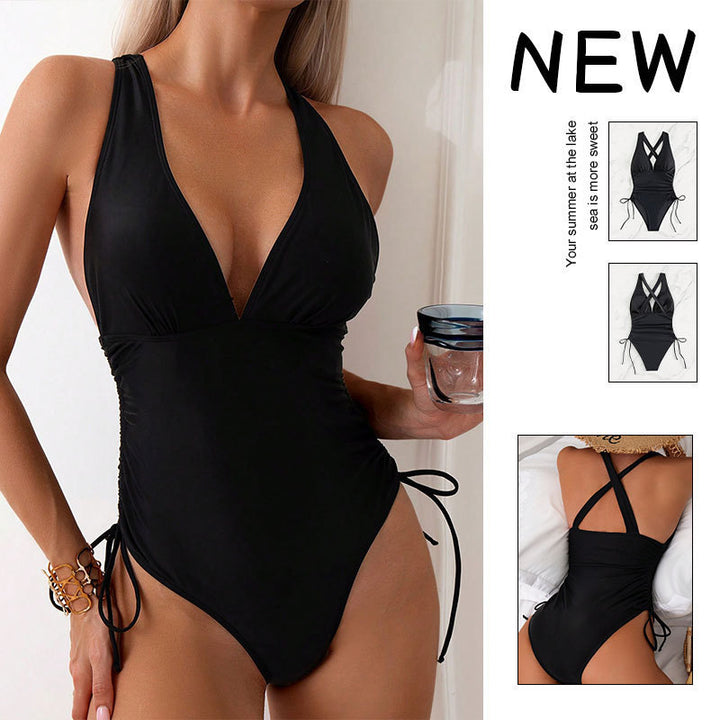 Women's one-piece swimsuit with deep V-neckline and side tie accents Mune Fashion