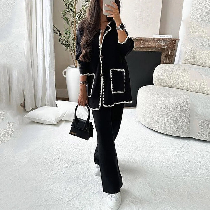 Women's longline knit set with contrast-trimmed cardigan and wide palazzo pants Mune Fashion