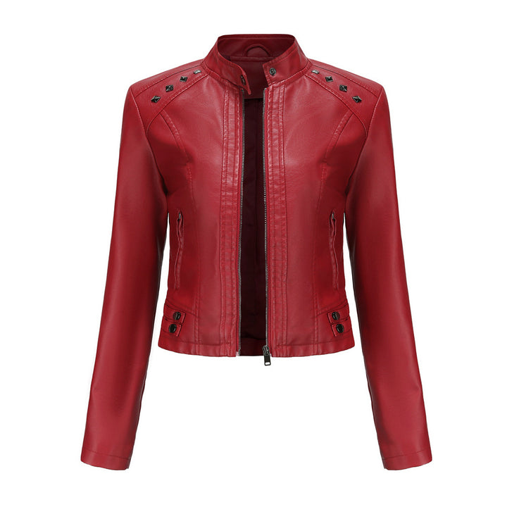 Women's short fitted faux leather jacket with studded detailing and stand-up collar Mune Fashion