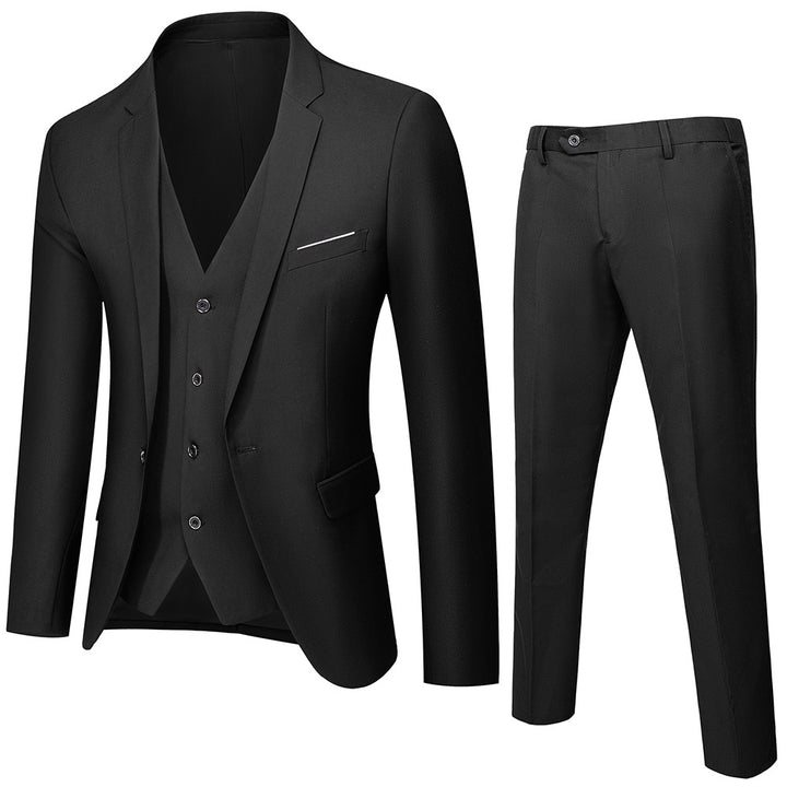 Men's three-piece business suit set with tailored single-breasted jacket, slim fit waistcoat, and elegantly cut suit pants Mune Fashion