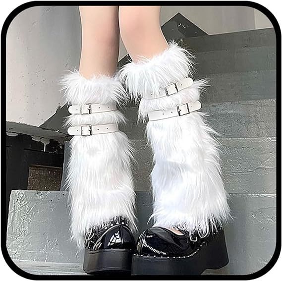 Women's Long Faux Fur Leg Warmers with Adjustable Buckles and Platform Cuffs Mune Fashion