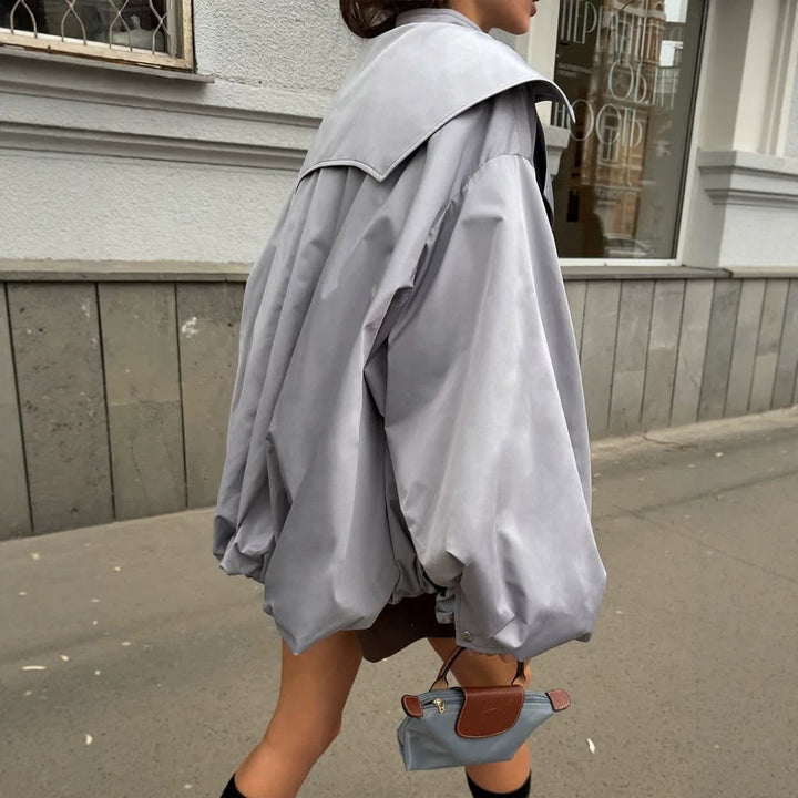 Women's Oversized Short Jacket with Wide Volume Sleeves and Drawcord Hem Mune Fashion