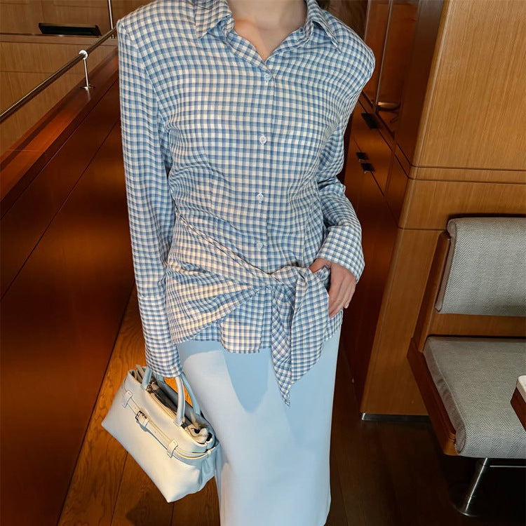 Women Gingham Wrap Blouse with Side Waist Tie and Shirt Collar Mune Fashion