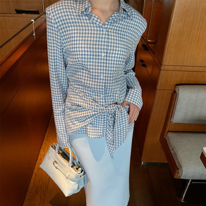Women Gingham Wrap Blouse with Side Waist Tie and Shirt Collar Mune Fashion