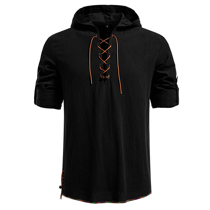 Men's Lightweight Hoodie Shirt with Decorative Lacing, Short Sleeve and Longline Cut Mune Fashion