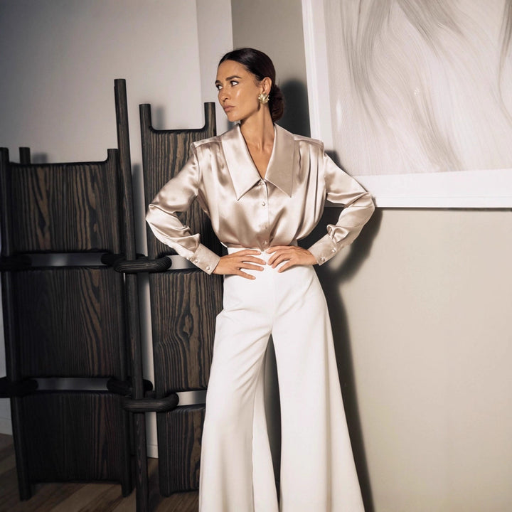 Women Satin Blouse with Oversized Lace Collar and Elegant Long Sleeves Mune Fashion