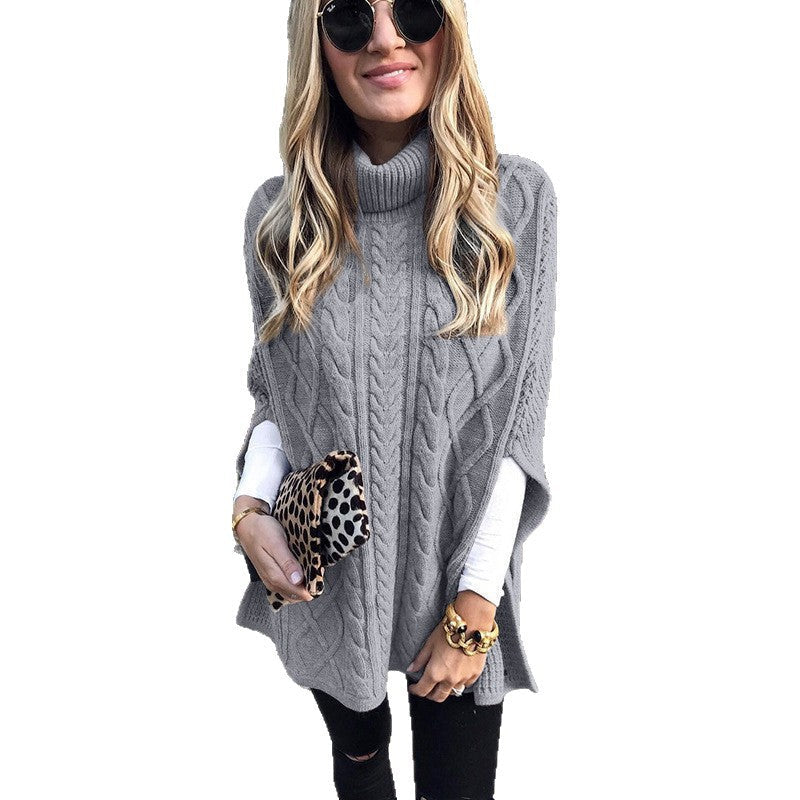 Women's Chunky Knit Poncho with High Collar and Cable Design Mune