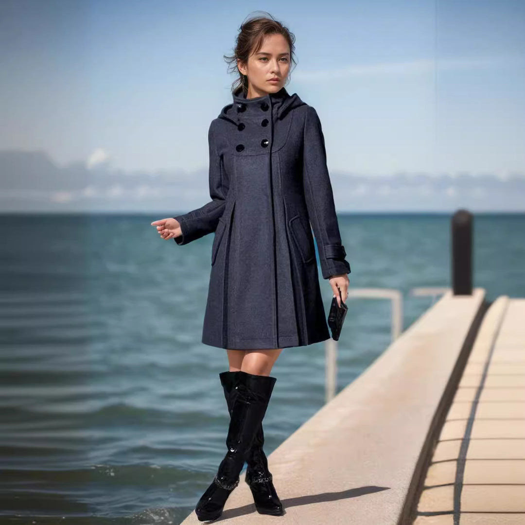 Women Tailored Wool Blend Coat with High Stand-Up Collar and A-Line Silhouette Mune Fashion