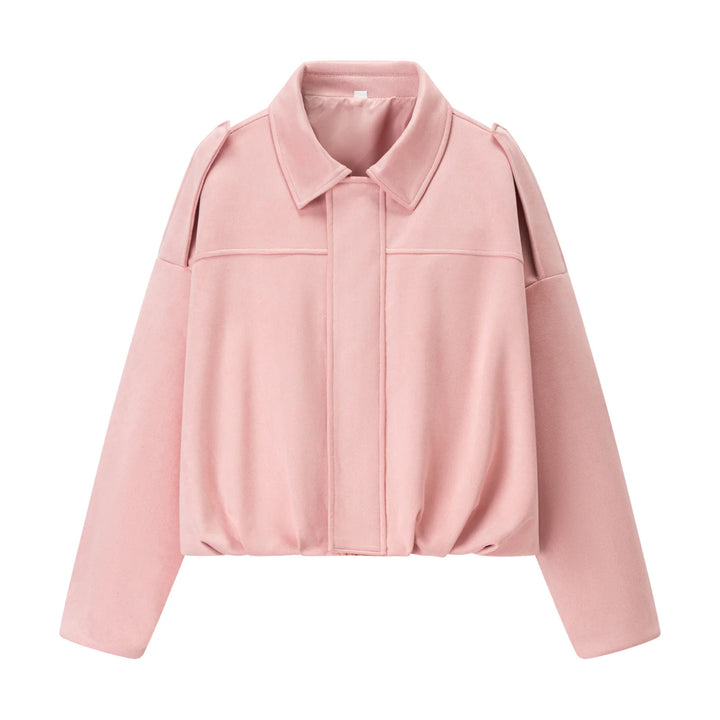 Women's cropped boxy blouse jacket with shirt collar, concealed front placket, and elastic hem Mune Fashion