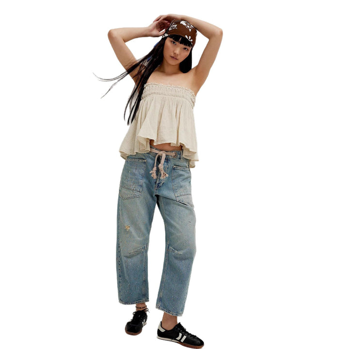 Women's high-waisted jeans in a loose fit with patch pockets and drawstring Mune Fashion