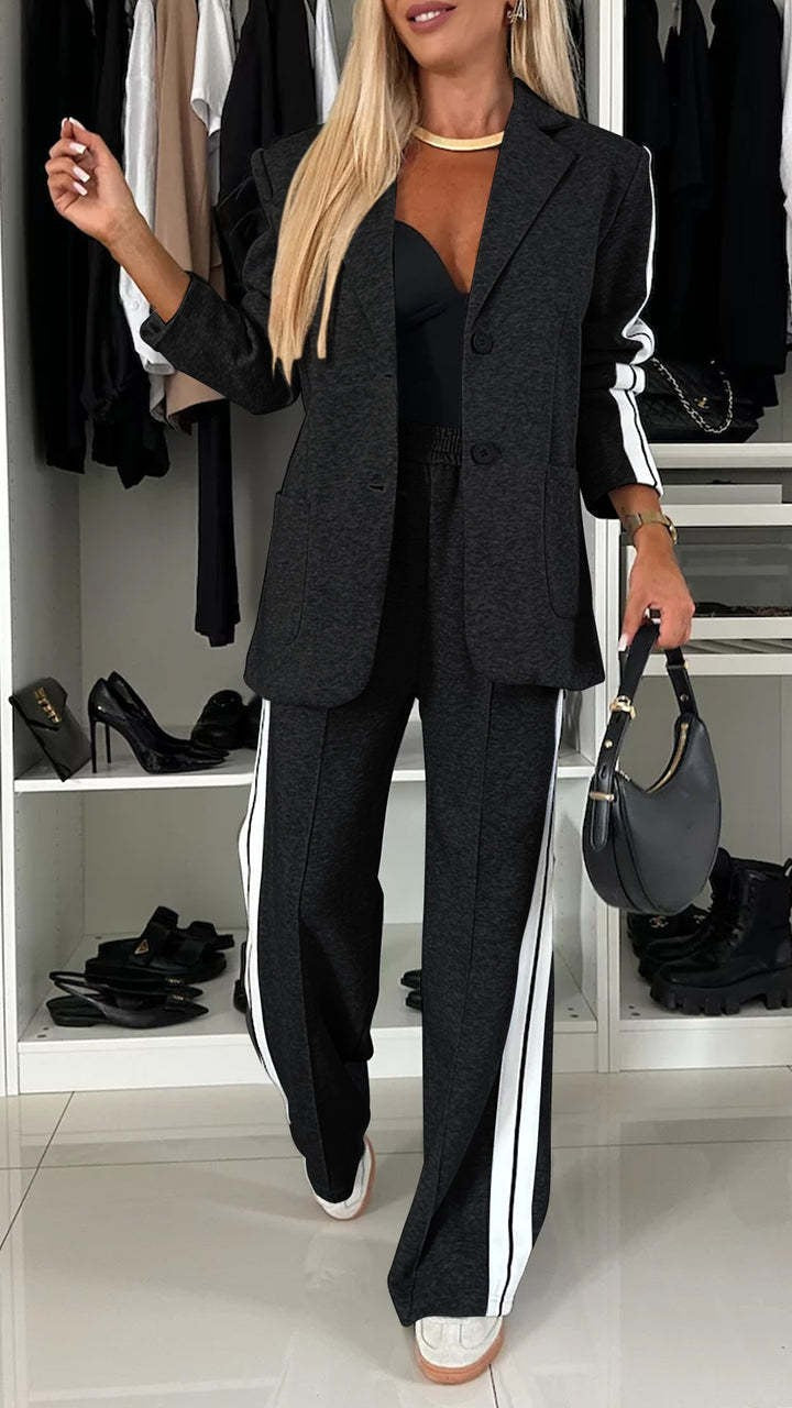 Women sporty-elegant jersey tailoring set with long blazer and wide track pant Mune Fashion