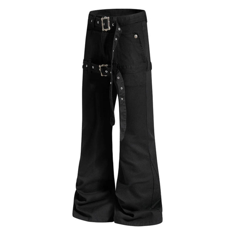 Women's High-Waist Flared Cargo Pants with Wide Leg, Double Belt and Metal Eyelets Mune Fashion