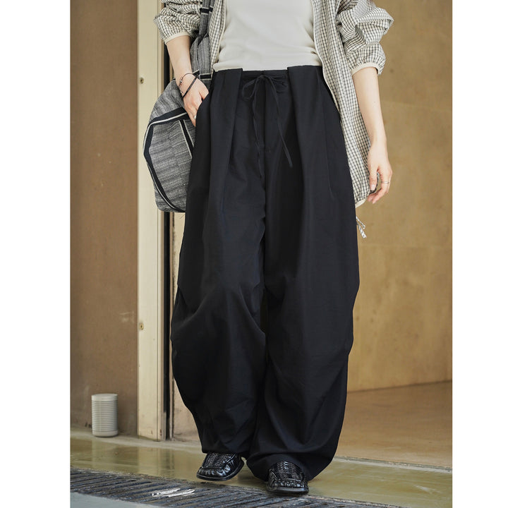 Women's Voluminous Palazzo Baggy Pants with Drawstring Waist and Draped Pleats Mune Fashion