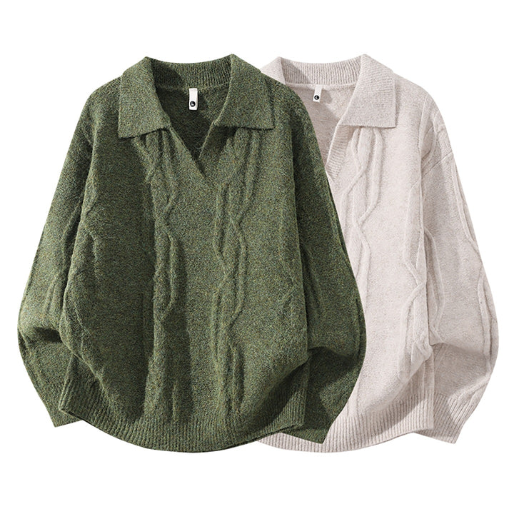 Women Oversize Mohair-Optic Cable Knit Sweater with Polo Collar and V-Neck Mune Fashion
