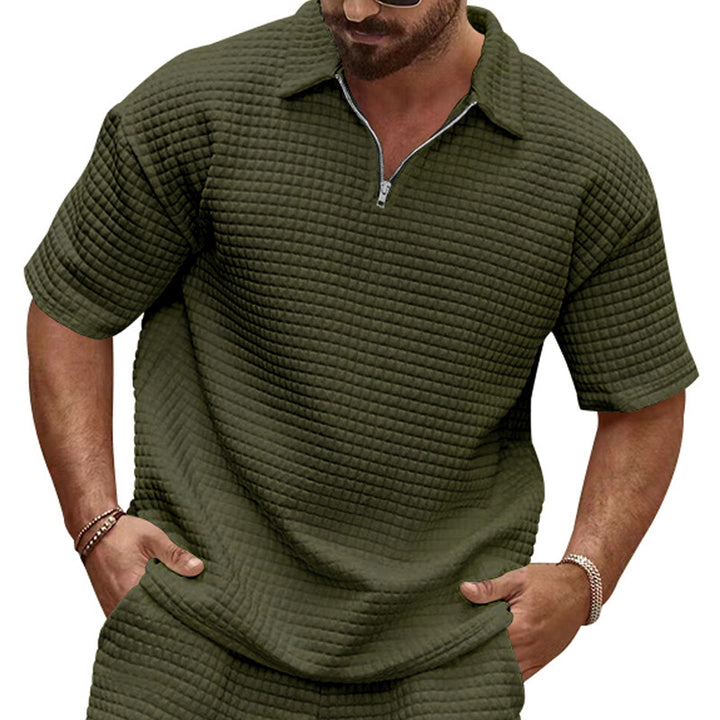 Men's polo collar ensemble with quilted box pattern, short front zipper and loose fit Mune Fashion