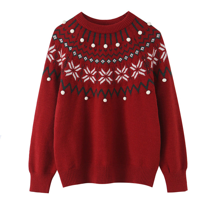 Women’s Norwegian Pattern Knit Sweater with Round Neck and Three-Dimensional Pompons Mune Fashion