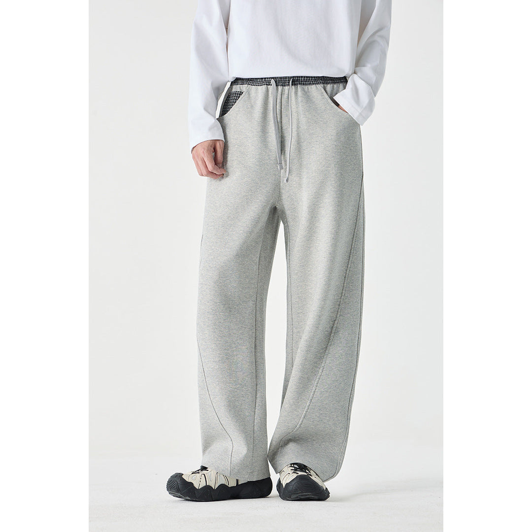 Women's Cropped Relaxed Jogging Pants with Elastic Drawstring, Check Detail and Decorative Seams