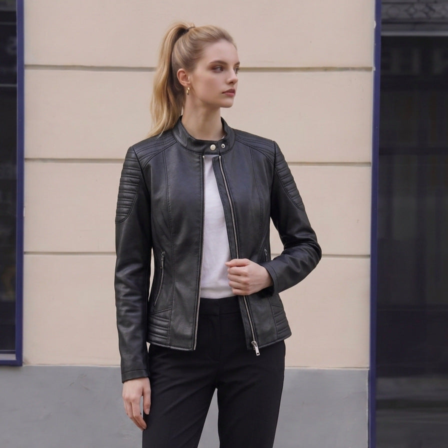 Women's Tailored Faux Leather Biker Jacket with Stand Collar and Quilted Details Mune Fashion