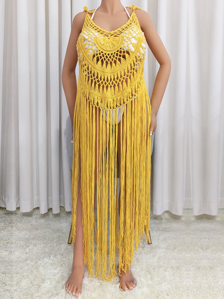 Women's Crochet Beach Cover-Up with Fringes and Decorative Pattern Mune Fashion