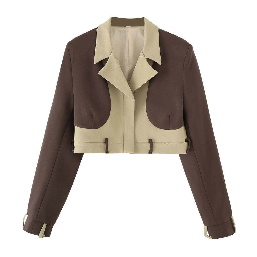 Women nan short two-piece set: blazer with lapel collar and high waist wide-leg pants in color block design Mune Fashion