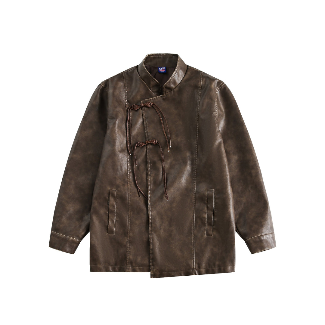 Men's Short Leather Look Coat in Vintage Style with Chinese Knot Closures Mune Fashion
