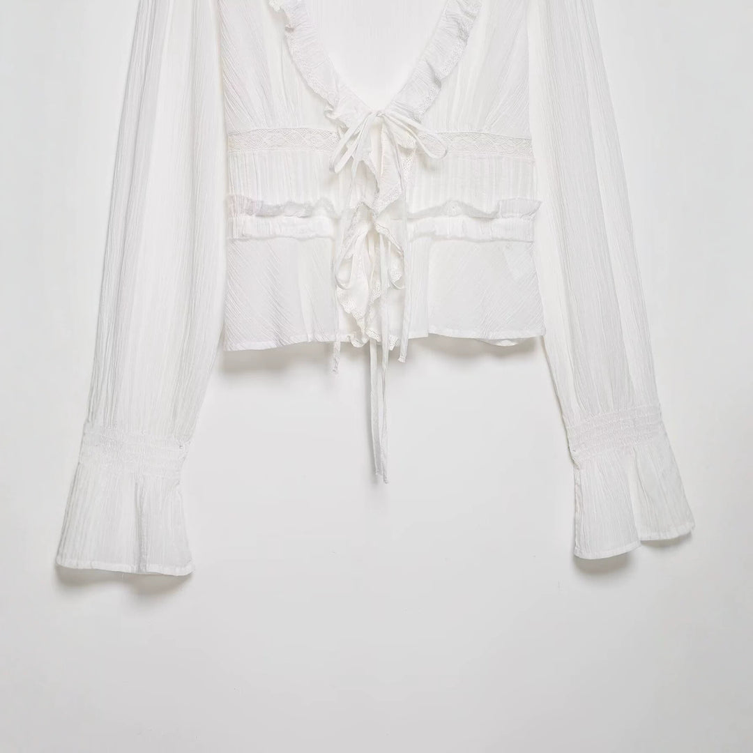 Women Romantic Lace Blouse with Deep V-Neck, Ruffles and Ties Mune Fashion