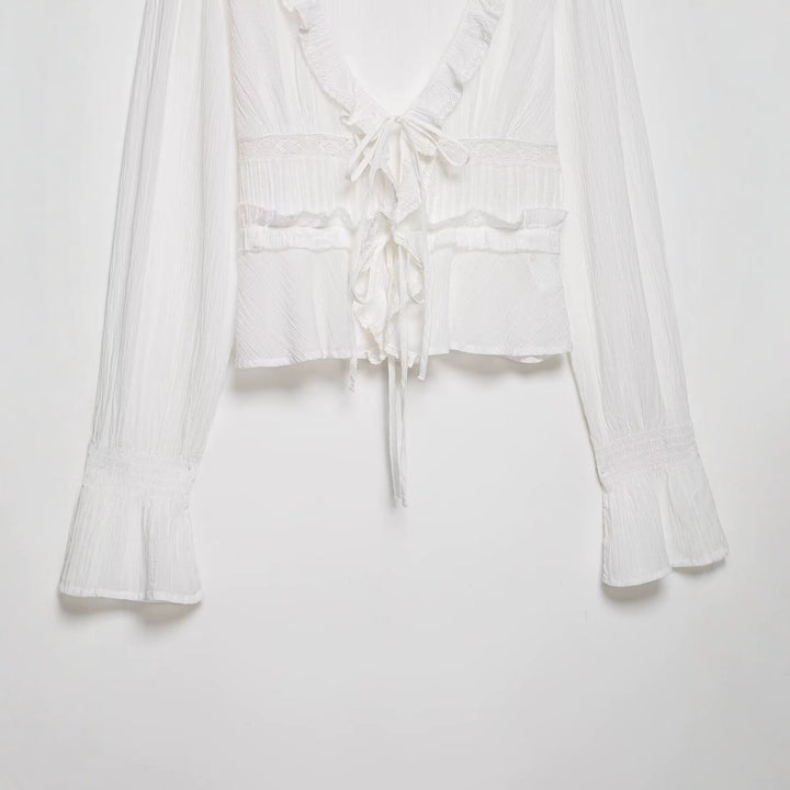 Women Romantic Lace Blouse with Deep V-Neck, Ruffles and Ties Mune Fashion