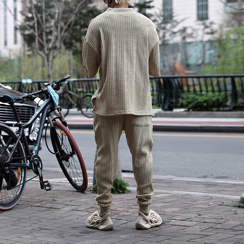 Men's Coarse Knit Lounge Set with Deep V-Neck and Drawstring Joggers Mune Fashion