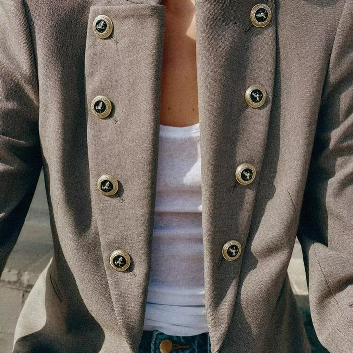 Women's Tailored Cropped Blazer with Stand Collar and Decorative Button Placket Mune Fashion