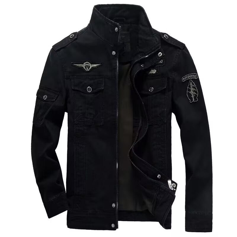 Men's Lightweight Canvas Utility Jacket in Military Look with Stand-up Collar, Epaulettes and Chest Flap Pockets Mune Fashion