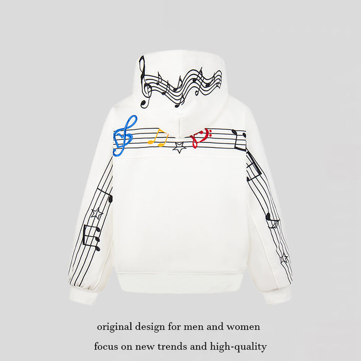 Women's Oversized Hoodie with Musical Notes Embroidery and Ribbed Hem Mune Fashion