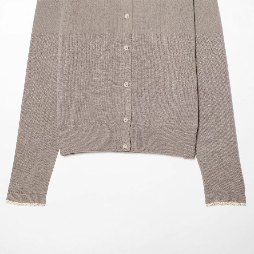 Women Classic Fine Knit Cardigan with Delicate Lace Edge Mune Fashion