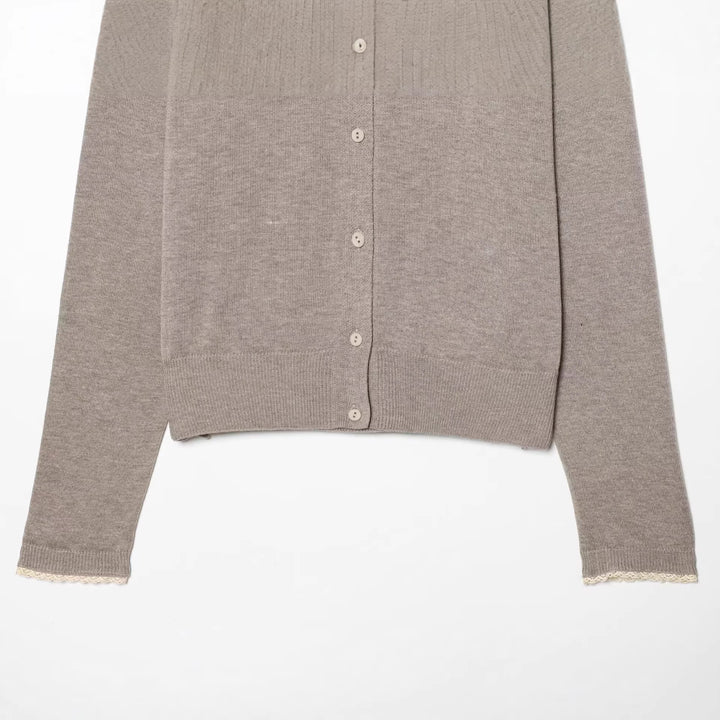 Women Classic Fine Knit Cardigan with Delicate Lace Edge Mune Fashion