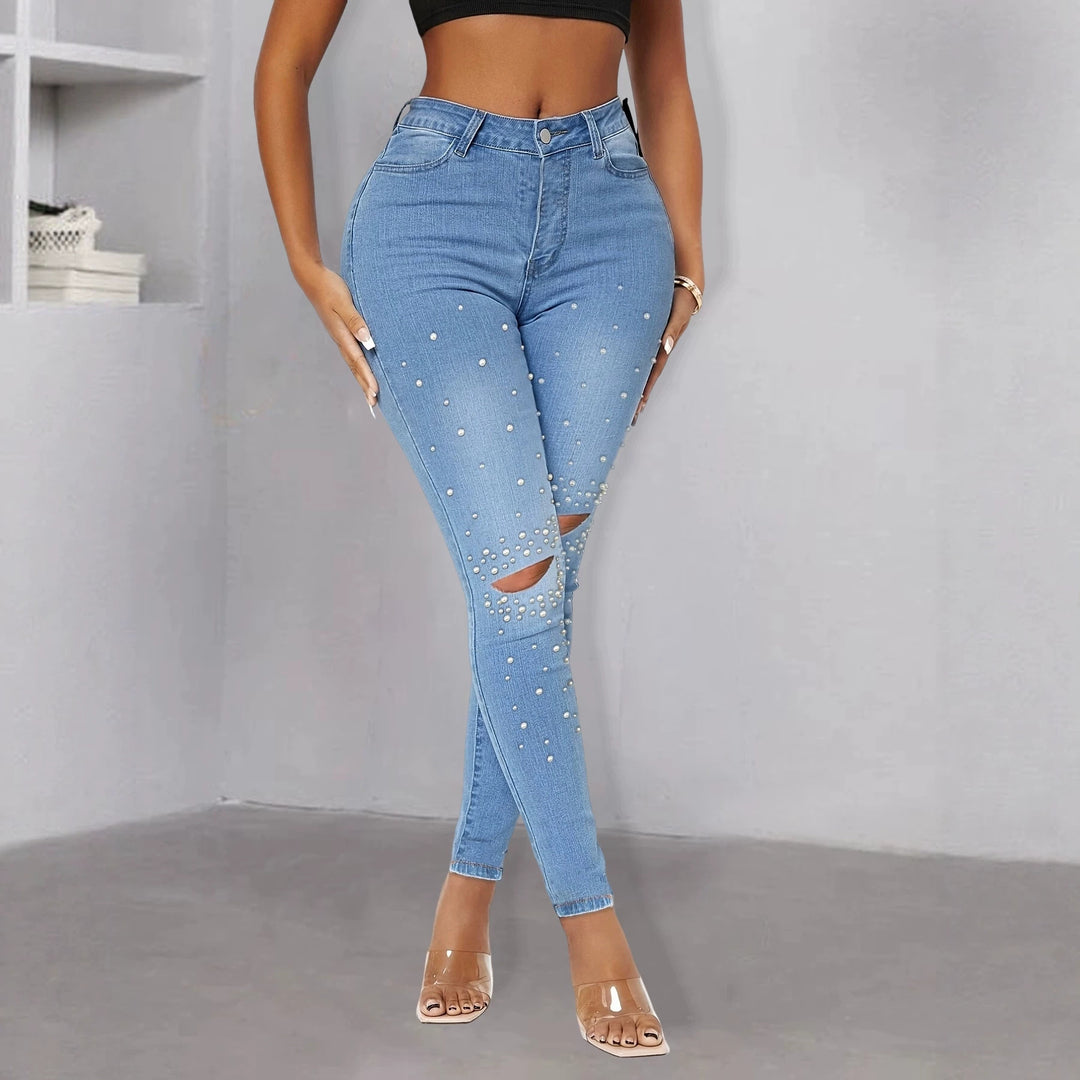 Women Tight High-Waist Skinny Jeans with Pearl Trim and Knee Cutouts Mune Fashion