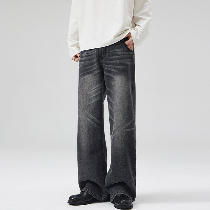 Men's Wide Denim Jeans in Retro Workwear Look with Distinctive Whisker and Pleat Accents Mune Fashion